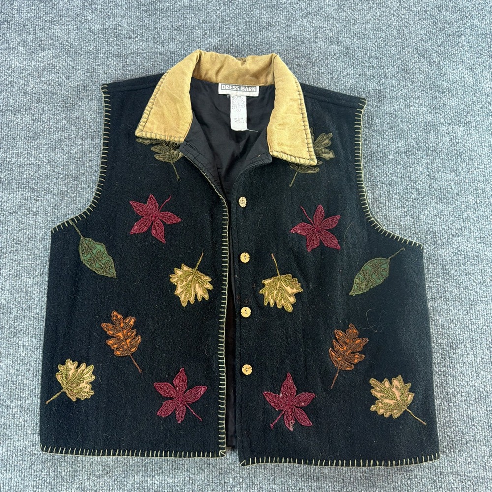 Dress Barn Vintage Wool Blend Fall Leaf Embroidered Vest Black Large Cottagecore